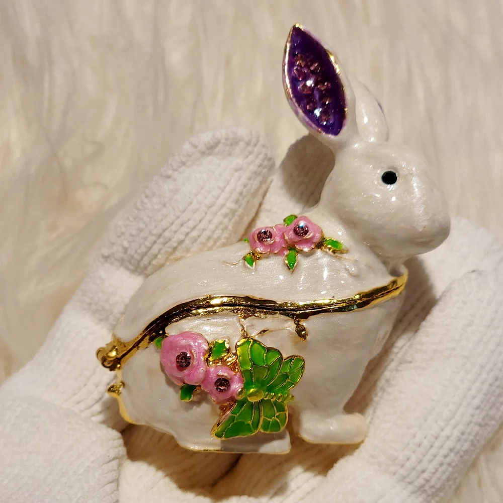 Bejeweled White Bunny Rabbit Hinged Metal Enameled Trinket Box - New